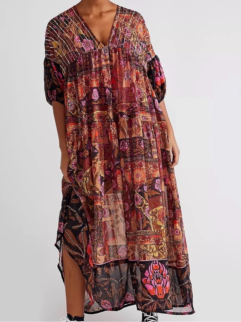 Free people no more to dream Bohemian Patchwork Floral V-Neck Maxi Dress xs